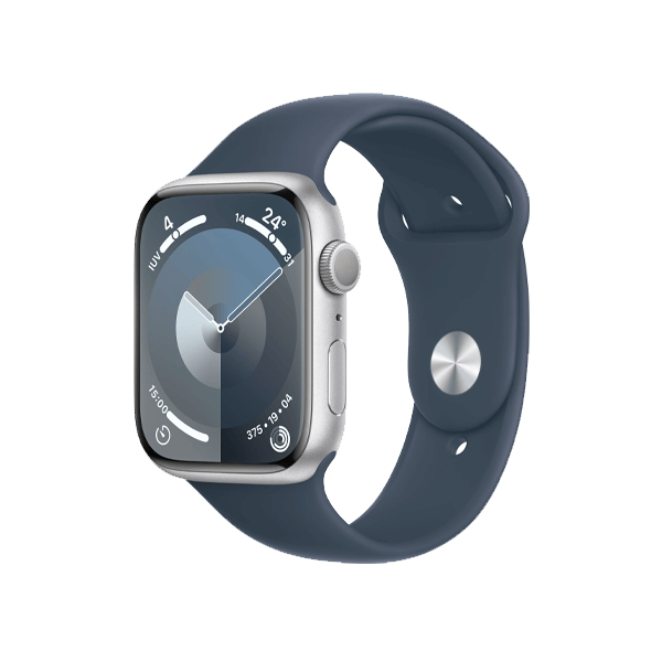 Refurbished Apple Watch Serie 9 | 45mm | Aluminium Silber | Blaues Sportarmband M/L | GPS | WiFi