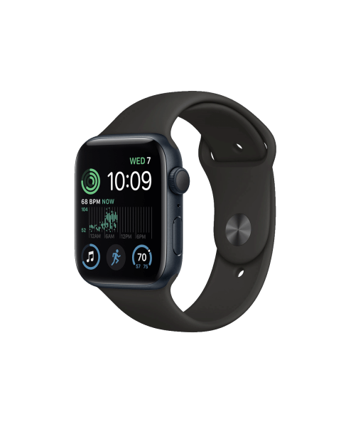 Refurbished Apple Watch Serie SE 2022 | 44mm | Aluminium Mitternachtsblau | Schwarzes Sportarmband | GPS | WiFi + 4G