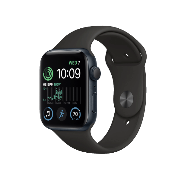 Refurbished Apple Watch Serie SE 2022 | 44mm | Aluminium Mitternachtsblau | Schwarzes Sportarmband | GPS | WiFi + 4G