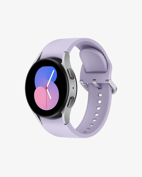 Refurbished Galaxy Watch5 | 40mm | Aluminium Silber | Lila Sportarmband | GPS | WiFi
