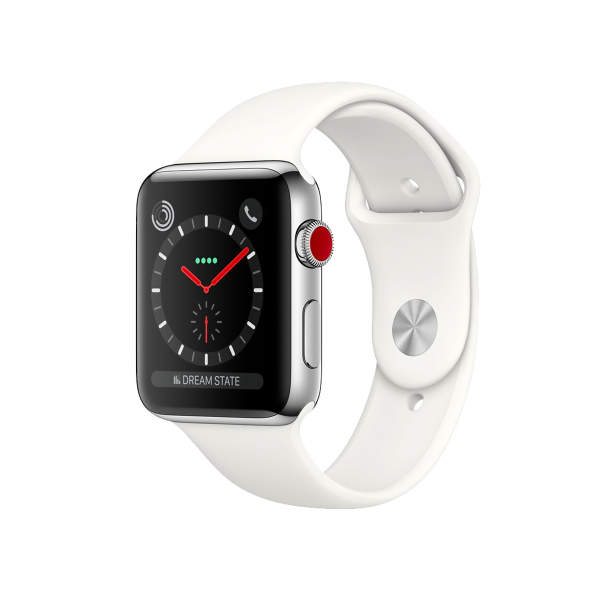 Refurbished Apple Watch Serie 3 | 42mm | Stainless Steel Silber | Weißes Sportarmband | GPS | WiFi + 4G